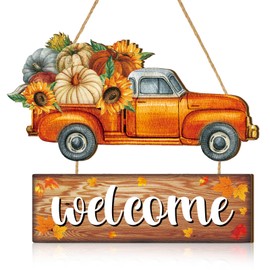 Barydat Thanksgiving Door Sign Harvest Welcome Wooden Door Decor with Sunflowers Pumpkins Autumn Farmhouse Decoration Outdoor for Thanksgiving Porch Home Party Decor