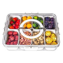 Transparent Storage Box with Handle and Lid - 8-grid Portable Snack Platter, Candy, Fruit, Nuts, Spice Split Tray, Suitable for Kitchen, Living Room, Refrigerator Organiser Plastic Buckle Rectangle - quantity: 2Pcs