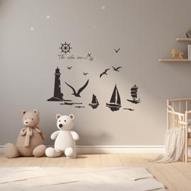 Nautical Lighthouse Wall Sticker – Sailboats & Seagulls Sea View Wall Art for Beach Bathroom or Bedroom Decor