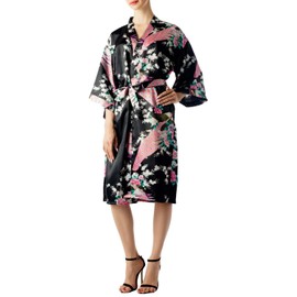 iB-iP Damen Pfauen Pflaumenblüten Modestil Japanische Kimono Midi Robe, Größe: 36, Schwarz