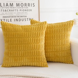 HERAYLI Corduroy Decorative Throw Pillow Covers, Boho Stripe Soft Square Cushion Case Home Decor for Living Room Couch Bed Sofa, Set of 2 Pack, Mustard Yellow, 20x20 Inch