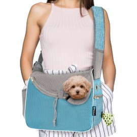PetAmi Small Dog Sling Carrier, Soft-Sided Crossbody Puppy Carrying Purse Bag, Adjustable Sling Pet Pouch to Wear Medium Dog Cat Travel, Dog Bag for Traveling, Breathable, Poop Bag Dispenser, Blue