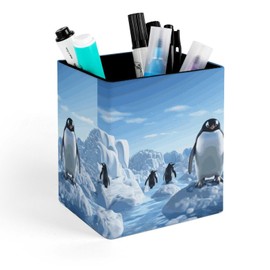 KLWQR Pen Pencil Holder Waterproof PU Pen Cup Holder Women Makeup Brush Holder Penguin Antarctica Ice Desktop Pen Organizer for Home Office Desk Accessories