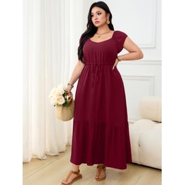 RWJ Plus Size Dresses, Midi Dresses for Women Scoop Neck Ruffle Sleeve Boho Tiered Empire Waist Drawstring Summer Long Sundresses Burgundy Large