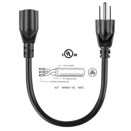 VSEER UL Listed SJT 14 AWG Heavy Duty AC Power Extension Cord Cable - SJT 14/3C NEMA 5-15P to NEMA 5-15R (15A/125V), Black 1FT (2-Pack)