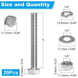 Yinpecly 20 Sets 1/4-20 x 2 Hex Head Screw Bolt, Nuts, Flat & Lock Washers, Stainless Steel 304, Machine Fully Thread Hex Bolts, Bright Finish Hexagon Bolt, Nuts and Bolts Assortment Kit