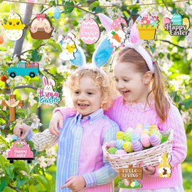 Pack of 40 Easter Wooden Hanging Ornaments, Easter Decoration for Tree, Easter Decoration Outdoor, Wooden Hanging Crafts, Includes Rabbit Eggs, Gnome Bunny, Truck, Flower Cross, Ornaments for Home,