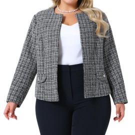 Agnes Orinda Plus Size Tweed Blazer for Women Collarless Long Sleeve Open Front Work Business Jacket Suits Casual 2025 2X Black