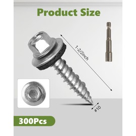 AOKLIT Metal Roofing Screws#10 × 1 Inch, 300Pcs Zinc Plated Hex Head Metal Roof Screws with Rubber Washers for Metal and Corrugated Roofing Panels (Hex Socket Included)