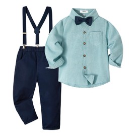 Toddler Wedding Outfit Green Gentleman Formal Wear 2-3T Long Sleeve Suspenders Bowtie Pants Set Ring Bearer Dress Outfit (Green+Navy, 2-3T)