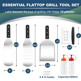 Joyfair Griddle Accessories Kit - 10Pcs, 18/10 Stainless Steel Flat Top Grill Tools Set, Commercial Rust-Free Spatulas for Outdoor BBQ Grilling Kitchen Cooking, Shiny Mirror Surface & Dishwasher Safe