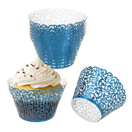 PATIKIL Cupcake Wrappers Paper, 50 Pack Baking Cups Standard Vine Decoration for Anniversary Birthday Weddings and Parties, Reflective Blue