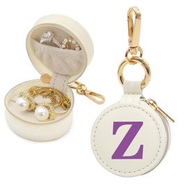 Mini Initial Travel Jewelry Case Ring Holder, Beige Faux Leather Small Jewelry Organizer Box Gifts for Women Girls Nurse Teacher, Gym Travel Accessories Keychain Pouch for Earrings Rings Necklace Z