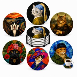 Cat Lover Gift Coasters Set of 6 with Holder - Ceramic Table Drink Coasters for Office, Desk, Bar (Funny Cute Costers)