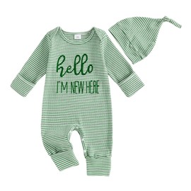 ZAXARRA Newborn Baby Boy Fall Winter Outfit New Here Letter knit Footies Romper 0 3 6 Months Jumpsuit Cute Hat Infant Set (Green-hi, 0-3 Months)