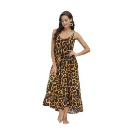 wexcen Women's V-Neck Floral Print Spaghetti Strap Boho Beach Long Maxi Summer Casual Dress with Pockets (Leopard Print, S)