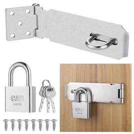 Stainless Steel Deadbolt Lock Hasp with Padlock & Screws, Door Latch for Garden Gate, Non-Malleable Door Lock for Wooden Door, Shed Lock for Bedroom, Closet, Garage Door (5 Inches)