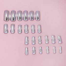 Square Press On Nails Medium Fake Nails Chrome With Mirror Metal Design Sliver False Nails Acrylic Full Cover Glue On Nails Artificial Nails Glossy Stick On Nails For Women 24pcs