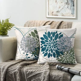 Blue And Green Cushion Covers 45 X 45 Outdoor Pillow Covers Decorative Pillow Protectors Dahlia Autumn Pillow Cases 2 Pack Modern Abstract Floral Pillow Case For Livingroom Bedroom Sofa Decor
