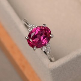 LUO S925 Sterling Silver Oval Shaped 2.32 Carats Created Ruby Ring Promise Ring Engagement Ring July Birthstone Ring for Women US Size 12