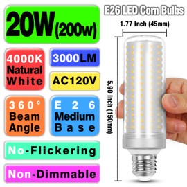 1.77x 5.9 inch,E26 E27 LED Corn Light Bulb 200W Replacement 3000 lm 4000K Natural White,20W E26 Medium Base Non-dimmable Candelabra Ceiling Fan Corn Lighting for Home Garage Warehouse Corn Bulbs,4Pack