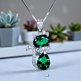 Spirit Art USA Cat Emerald Pendant Necklace 925 Sterling Silver – Green Gemstone Kitty Jewelry for Women – May Birthstone Gift - adjustable chain - pet lover #217