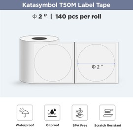 SUPVAN T50M Series Label Maker Tape, Transparent Round Size Φ 2'' 140 Labels/Roll Genuine Laminated Thermal Label Tape Refill, Waterproof Oilproof Highly Adhesive Auto Detect Labels