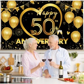 Happy 50th Anniversary Backdrop, Black Gold Golden Anniversary Decorations, 50th Wedding Anniversary Banner for Couple Party Photo Booth Background,Cheers to 50 Years Golden Decor, Vicaty