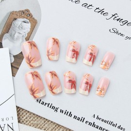 Fall Press on Nails Medium Square Fake Nails with Maple Leaves Designs French ip Nails Press ons Glossy Glue on Nails Glitter Acrylic Nails Pink Full Cover Thanksgiving Stick on Nails for Women 24Pcs