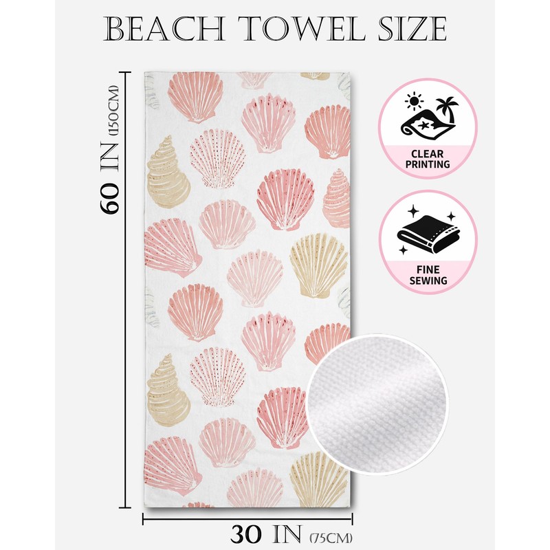 Coastal Pink Seashell Beach Towel 30x60 Inch, Summer Ocean Bath