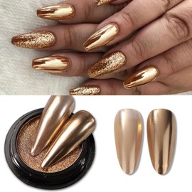 Holographic Mirror Nail Powders Chrome Gold Effect Pure Metallic Dust Sequins UV Gel Nail Chrome Pigment for Nail Art Decoration (Champagne)