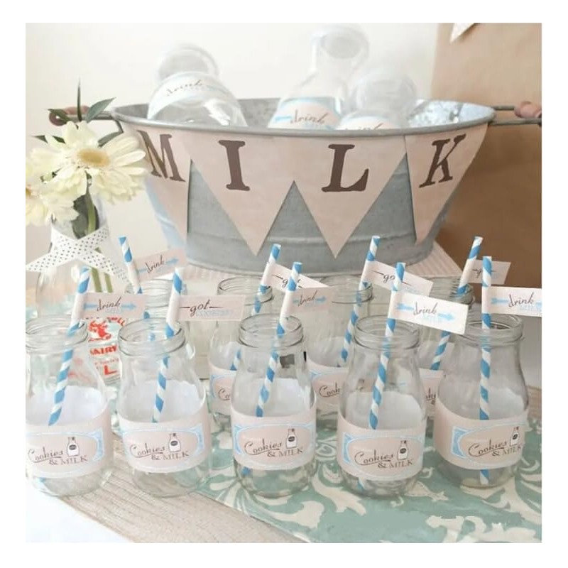 Light Blue Striped Drinking Paper Straws for Birthday Party Wedding