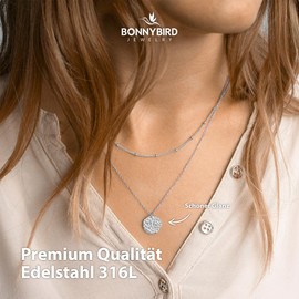 BONNYBIRD ® Women's Necklaces with Various Pendants, High-Quality Stainless Steel Chains in Silver, Gold and Pink, Suitable for Multi-Layering, Silver