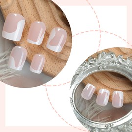 24Pcs False Nails French Tip - Extra Short Square Fake Nails with Glue - Misshape French Tip Press on nails - Strong Stick on Nails - Long Lasting nail tips for Women Girls Natural