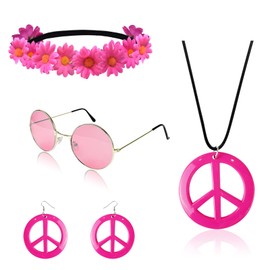 Hippie Costume Set Includes Peace Sign Necklace and Earring, Flower Crown Headband and Sunglasses 60s 70s Party Accessories (New Pink)