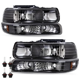 SOCKIR Headlight Assembly Compatible with 1999-2002 Chevy Silverado / 2000-2006 Chevy Tahoe Suburban Replacement with Bumper Lights Black Housing with Amber Reflector with Bulbs