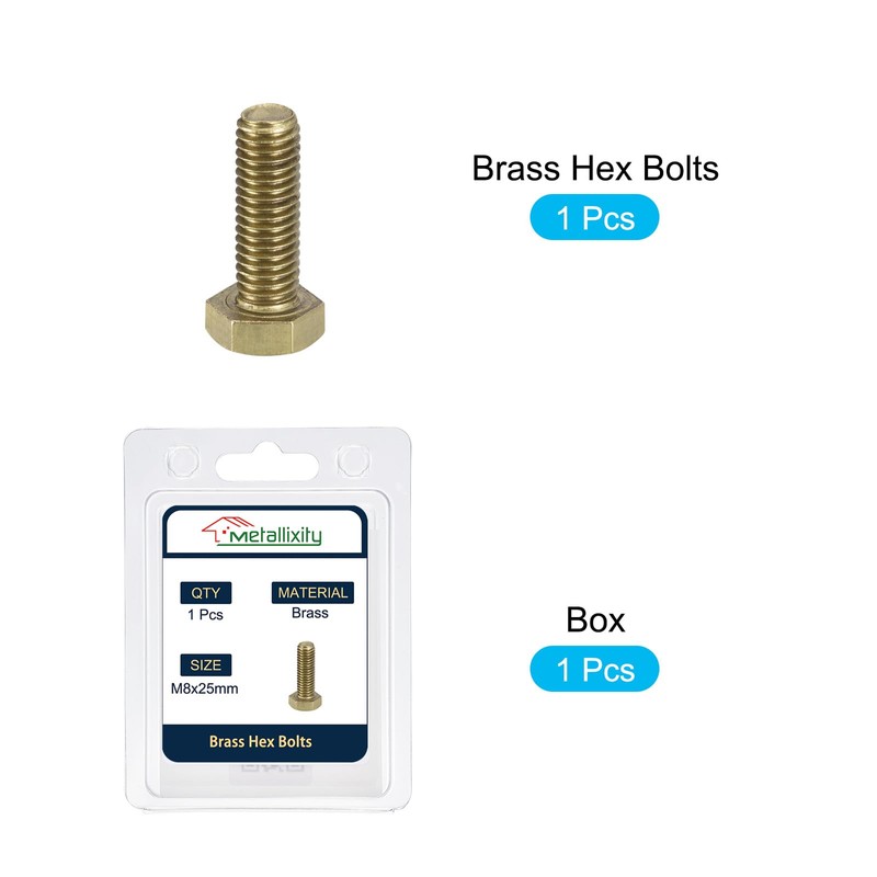 METALLIXITY Hex Head Screw Bolt (M8-1.25x25mm) 1Pcs, Brass Fully Threaded
