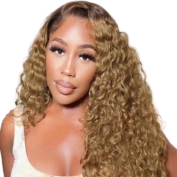 TQPQHQT Real Hair Wig, Human Hair Wig, 4 x 4 Lace Front Wig, Ombre Jerry Curly Wig, Human Hair, Swiss Lace Closure Wig with Honey Blonde Wig, Brazilian Virgin Hair Wigs, Glueless Wig, 24 Inches /