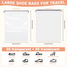 100 Pack Shoe Bags for Travel, 11.8" x 15.7" Clear Travel Shoe Bags for Packing, 50 Transparent and 50 Translucent Large Waterproof Portable Drawstring Travel Shoe Storage Bag for Men and Women