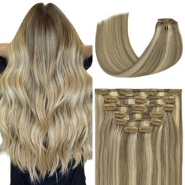 Clip in Hair Extensions 70G Light Ash Blonde/Bleach Blonde 100% Remy Human Hair Extensions Straight 7pcs 16clips for Women(18 Inch #18P613)