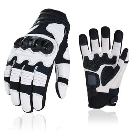 VGO 1 Pair Full Finger Touchscreen Motorcycle Gloves | Goatskin Leather Palm | TPU Knuckle Armor | Anti-Shock Powersports Gear for Men| Heavy-Duty for Cycling, Construction, ATV (GA5179HL, White, XL)