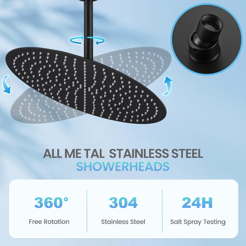 KINLIV 16 inch Matte Black Round Ceiling Rainfall Shower Head,