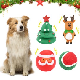 4 Pcs Christmas Interactive Dogs Toys, Dog Toys Christmas Stocking Gift, Squeaky Toys Christmas Trees, Father Christmas, elk, Tennis balls for Dogs, Chew Toy Gifts for Small Medium Dogs