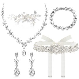 Henoyso Bride Jewelry Set 5 Pieces Wedding Jewelry for Bride Rhinestone Jewelry Set for Wedding Bridal Party Prom(Bright Style)