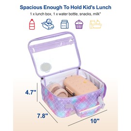 Bagseri Clear Lunch Bags for Kids - Kids Clear Lunch Box for School Reusable Lunch Box with Water Bottle Holder Transparent Lunch Bag for Girls, Purple Mermaid
