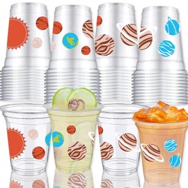 VDESFUEBY 50 Solar System Party Cups, 12 oz Solar System Party Decorations Disposable Clear Plastic Party Cups for Outer Space Theme Birthday Party Decor Supplies