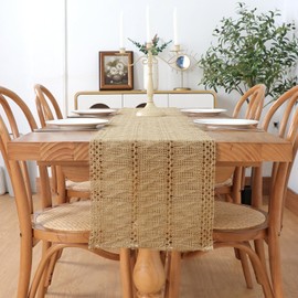 Dremisland Jute Table Runner Boho Decoration Natural Jute Table Runner Openwork Pattern Table Runner Table Mat Hand Woven Rustic Farm Table Runner Outdoor for Wedding Birthday (Jute - 30 x 92 cm)