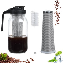 OMNISAFE 64 oz Cold Brew Coffee Maker, Glass Mason Jar Pitcher with Pour Spout Handle Lid with Stainless Steel Filter with Cleaning Brush, for Ice Tea, Leak Proof Half Gallon Storage Container (Black)