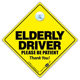 Elderly Driver Please Be Patient Car Sign, Suction Cup Car Sign For Elderly Drivers, Baby On Board Sign Style Advisory Sign For Old Drivers in Super Bright Yellow and Black 14cm x 14cm x 2cm
