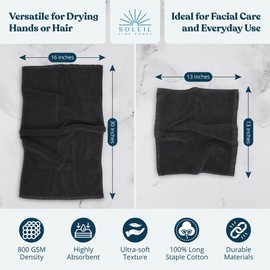 Soleil Fine Goods Hand and Face Towels - Set of Two Hand Towels and Four Face Towels - Luxurious 800 GSM 100% Cotton - High Absorbency and Softness - Available in Six Colors (Charcoal)